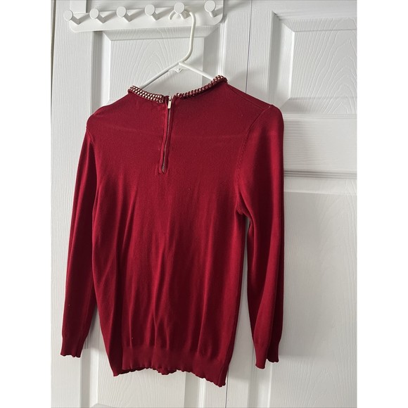 Zara Red Knit, Quarter-zip Long Sleeve Top With Gold Chain Neckline Detail (M) - Picture 5 of 5